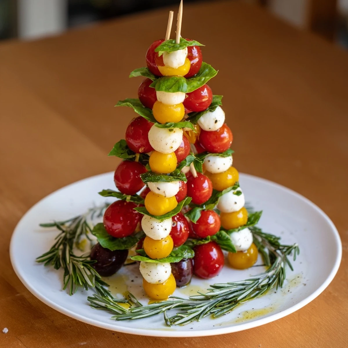 Easy Christmas Tree Caprese Skewers arranged on a platter, showcasing vibrant red tomatoes with fresh basil.
