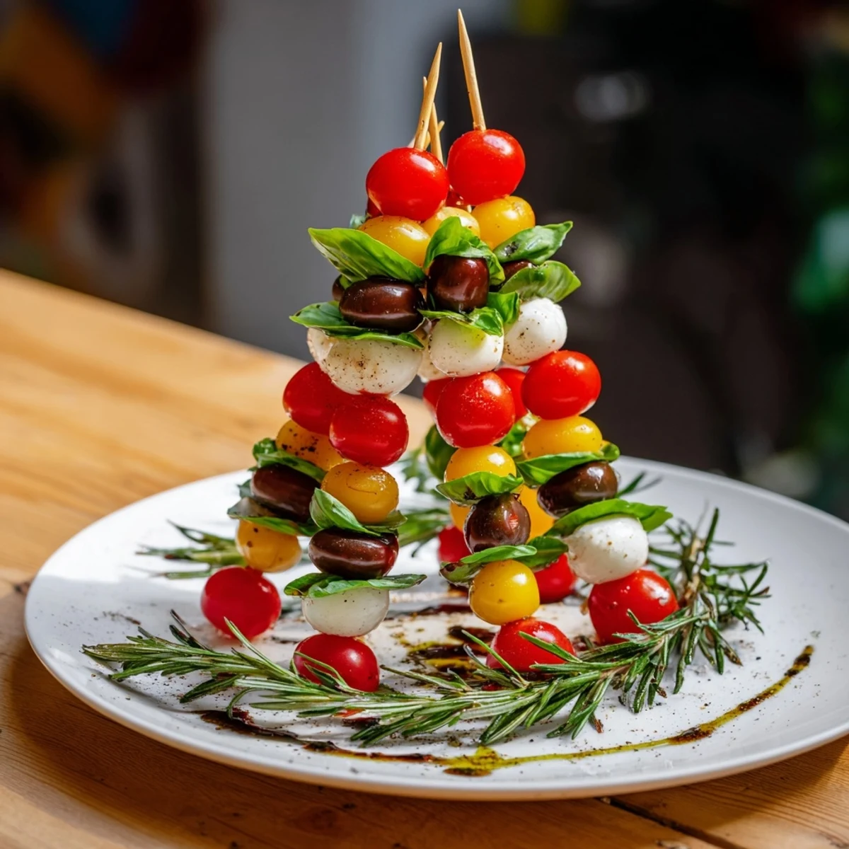 Festive Easy Christmas Tree Caprese Skewers drizzled with balsamic glaze, a delicious and easy Italian appetizer.