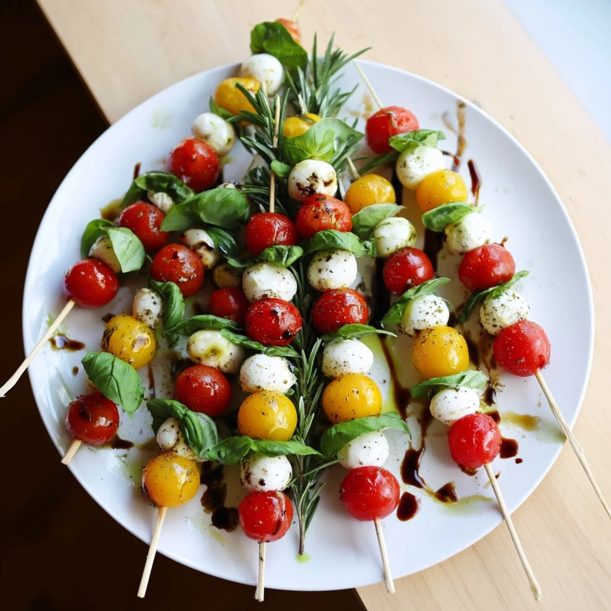 Vibrant Easy Christmas Tree Caprese Skewers: Mini mozzarella, cherry tomatoes, and basil, ready to serve as an appetizer.