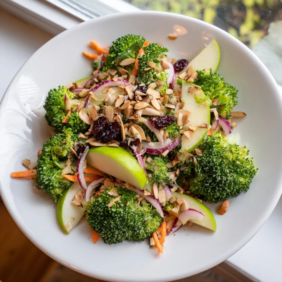Fresh and colorful Broccoli and Apple Hot Girl Salad, with a tangy dressing and crunchy almonds ready to serve.