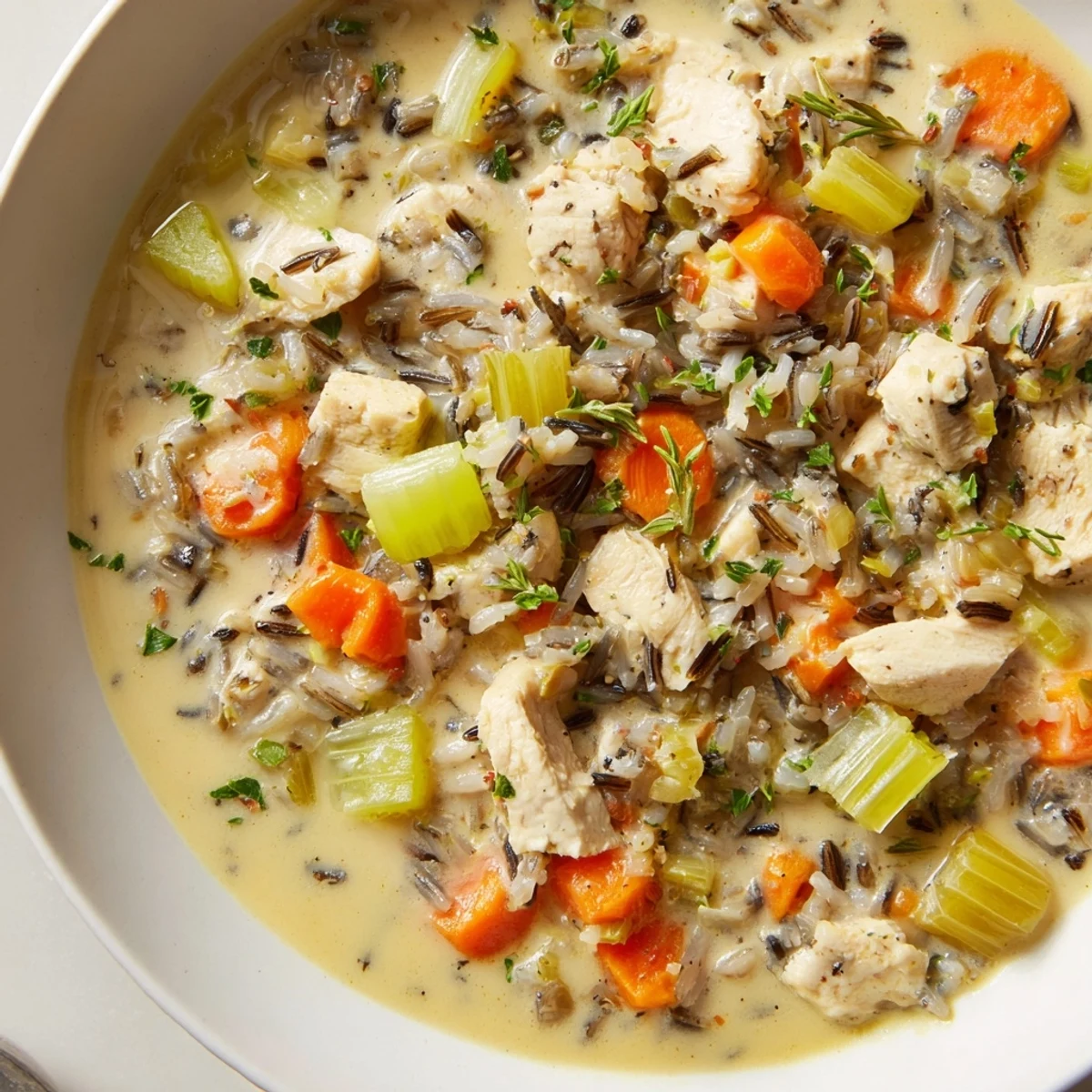 Steaming bowl of Quick Chicken and Wild Rice Soup, garnished with vibrant parsley, perfect for a cozy dinner.