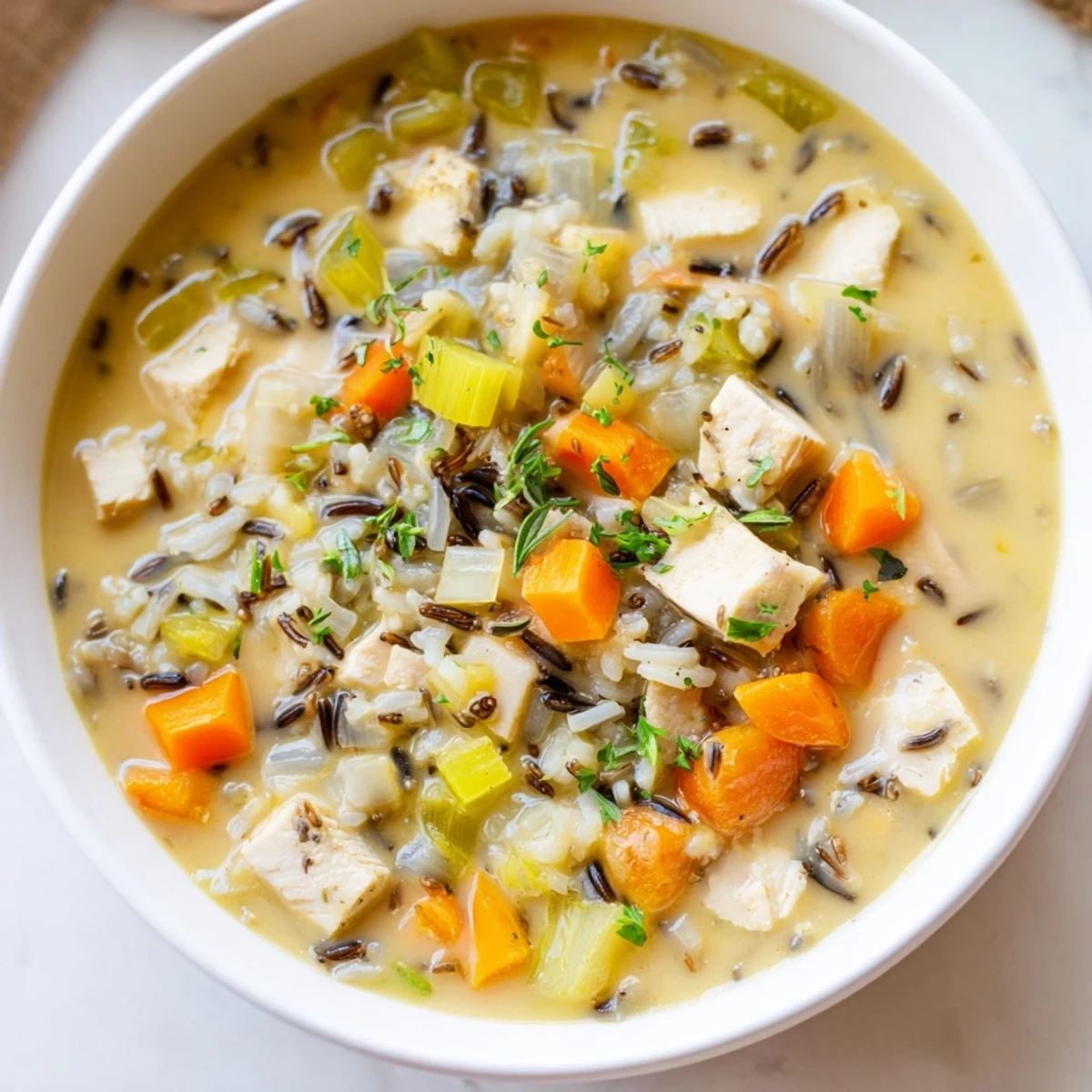 Close-up of a warm, golden Quick Chicken and Wild Rice Soup, promising a comforting and delicious meal.