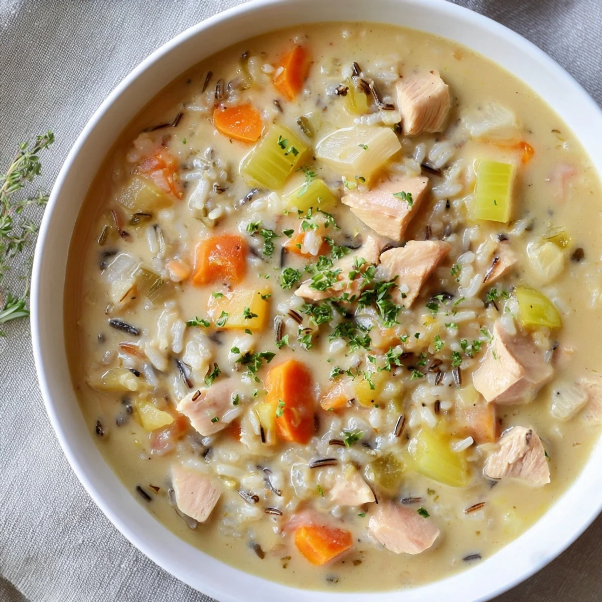 Hearty Quick Chicken and Wild Rice Soup, showcasing tender chicken and flavorful vegetables in a rich broth.