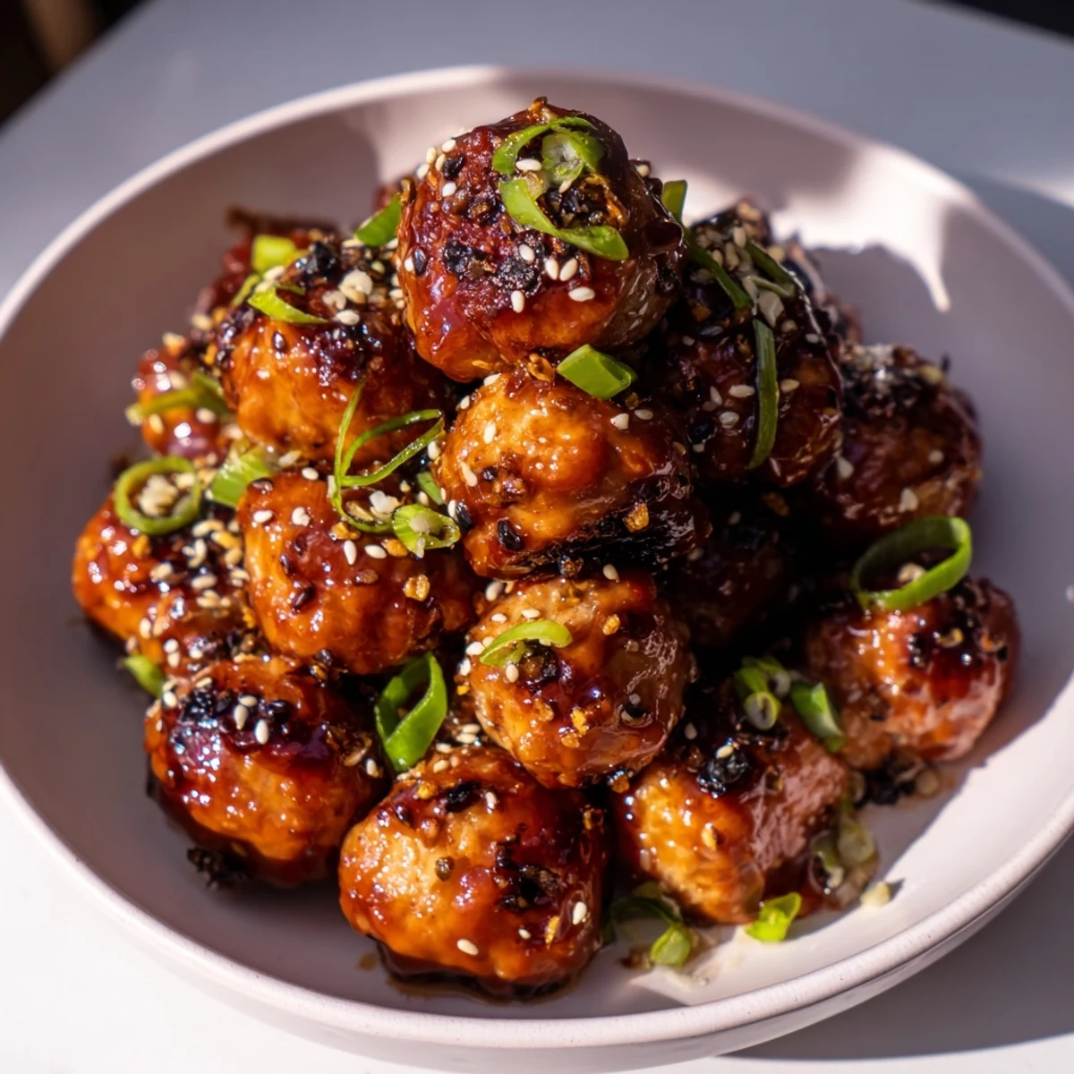 Appealing image of the easy Spicy Honey-Glazed Chicken Meatballs ready to serve with rice.