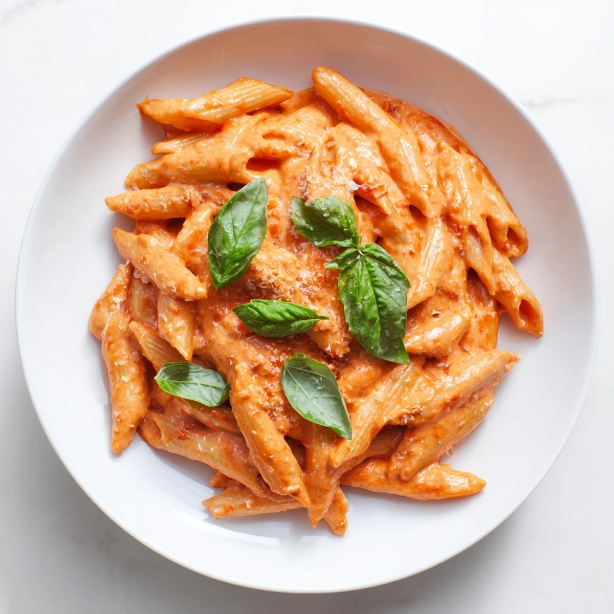 Close-up of bubbling 15-Minute Creamy Red Pepper Pasta, garnished with basil and Parmesan cheese.