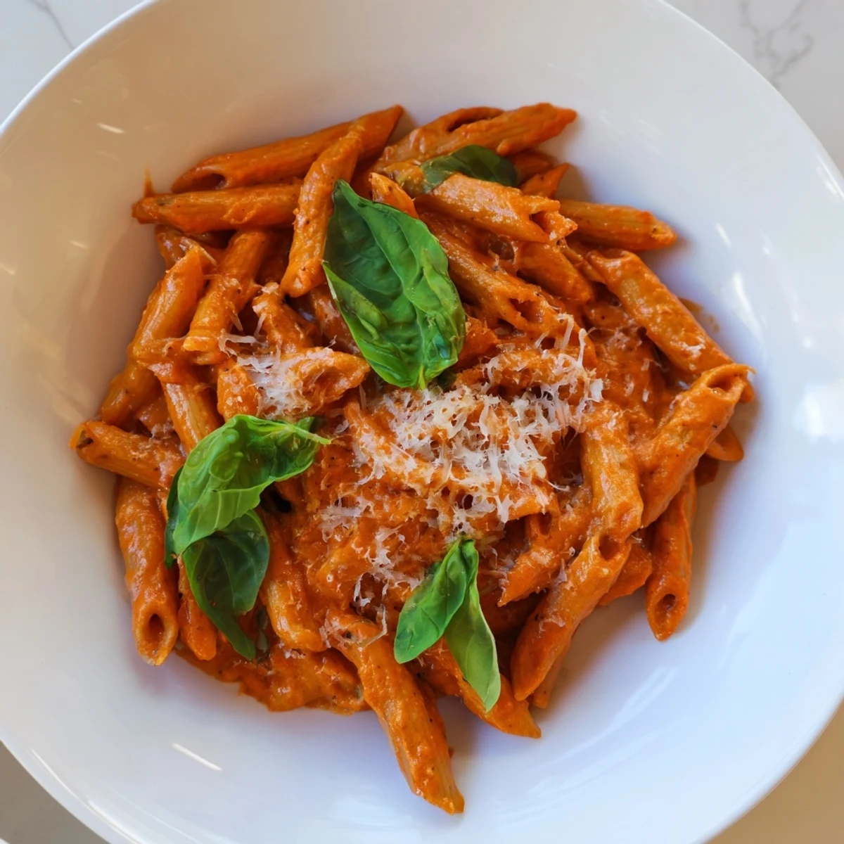 Vibrant image of 15-Minute Creamy Red Pepper Pasta, creamy sauce coating penne, ready to eat.