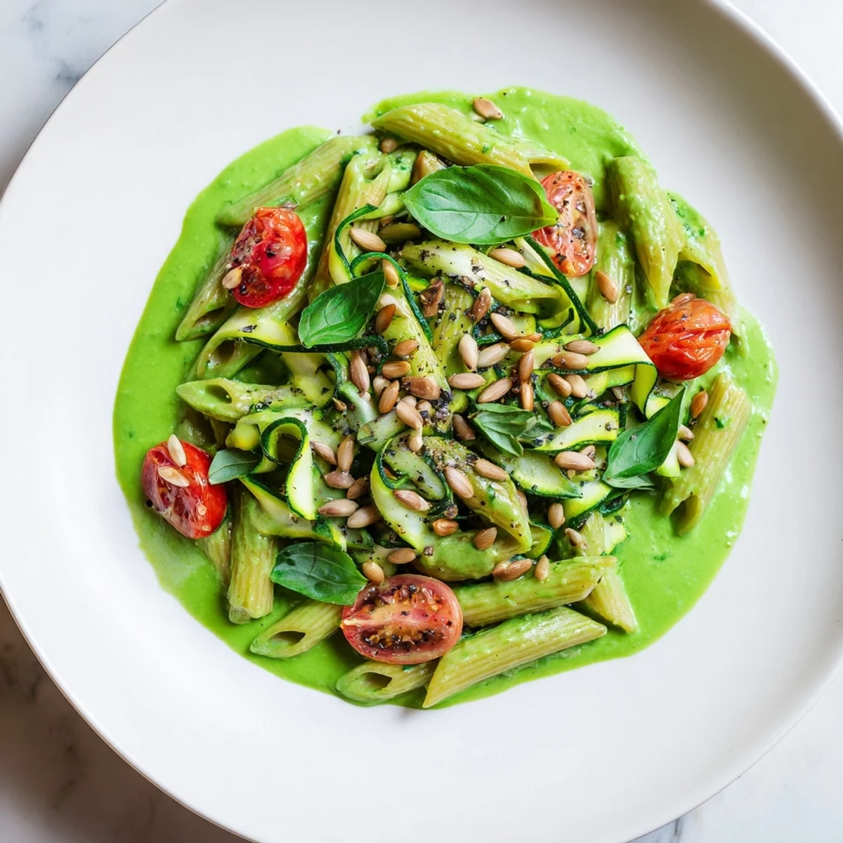 Creamy Vegan Green Goddess Pasta with a rich, spinach-based sauce, ready for a satisfying vegan meal.