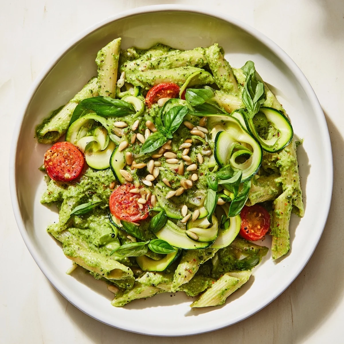 A close-up of Vegan Green Goddess Pasta, showing the bright green sauce coating the pasta perfectly.