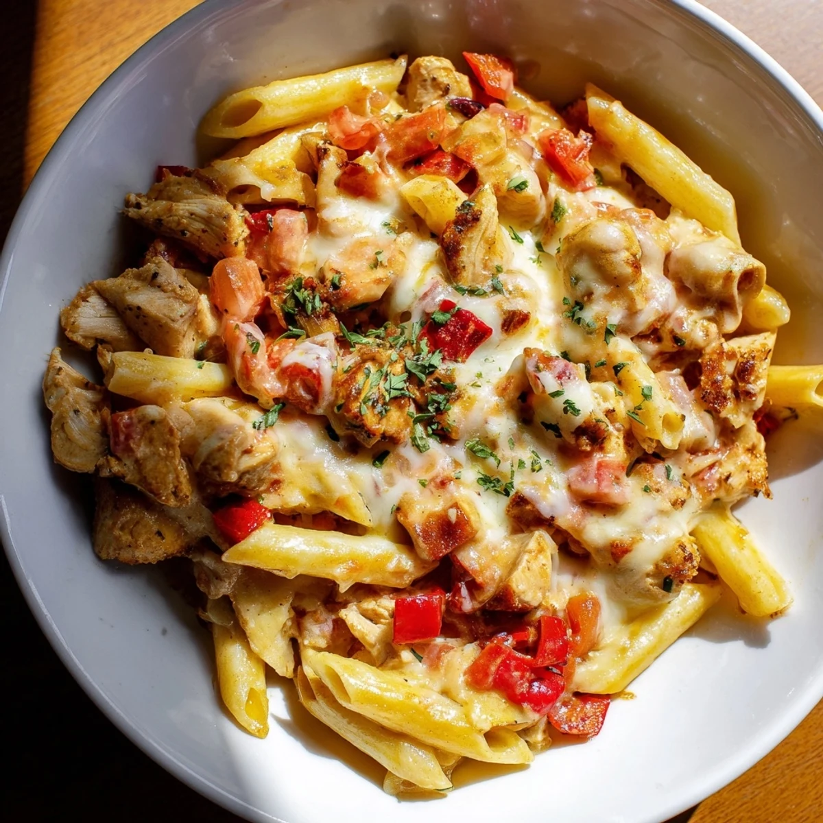Steaming hot baked Salsa Chicken Pasta with golden, bubbly cheese, ready to serve and enjoy.
