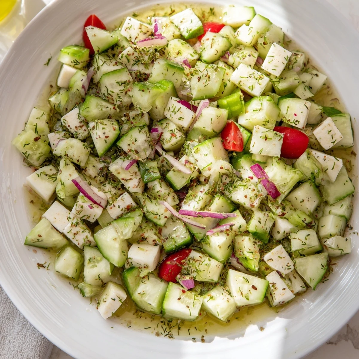 A close-up shot of a bright Simple Cucumber and Dill Chopped Salad, showing the crisp, refreshing ingredients.