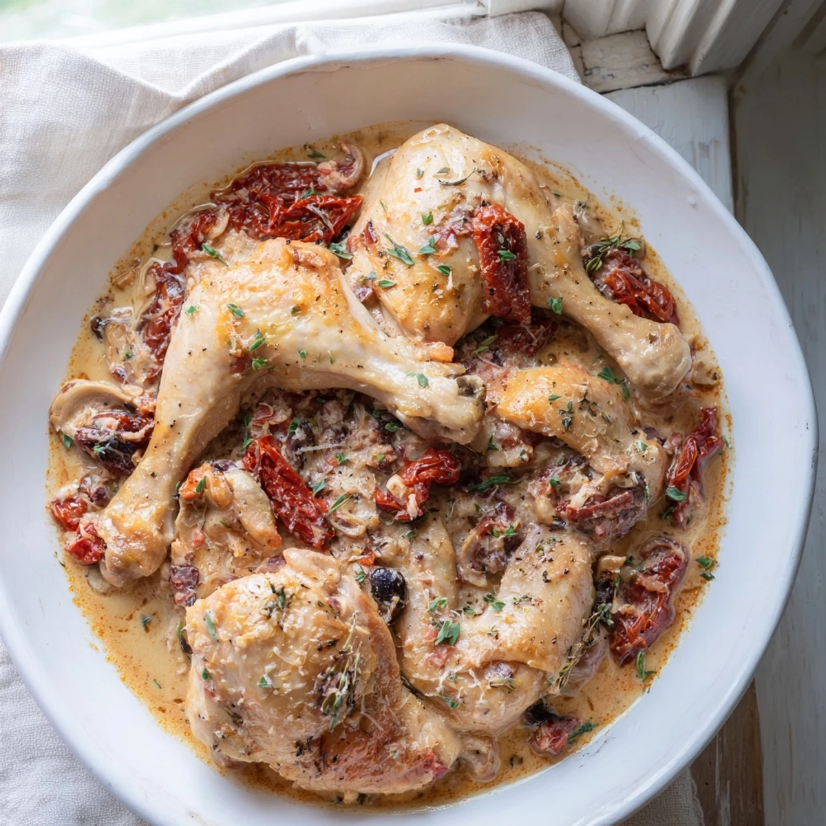 Creamy High-Protein Marry Me Chicken and Chickpeas, served with vibrant sun-dried tomatoes and fresh herbs.