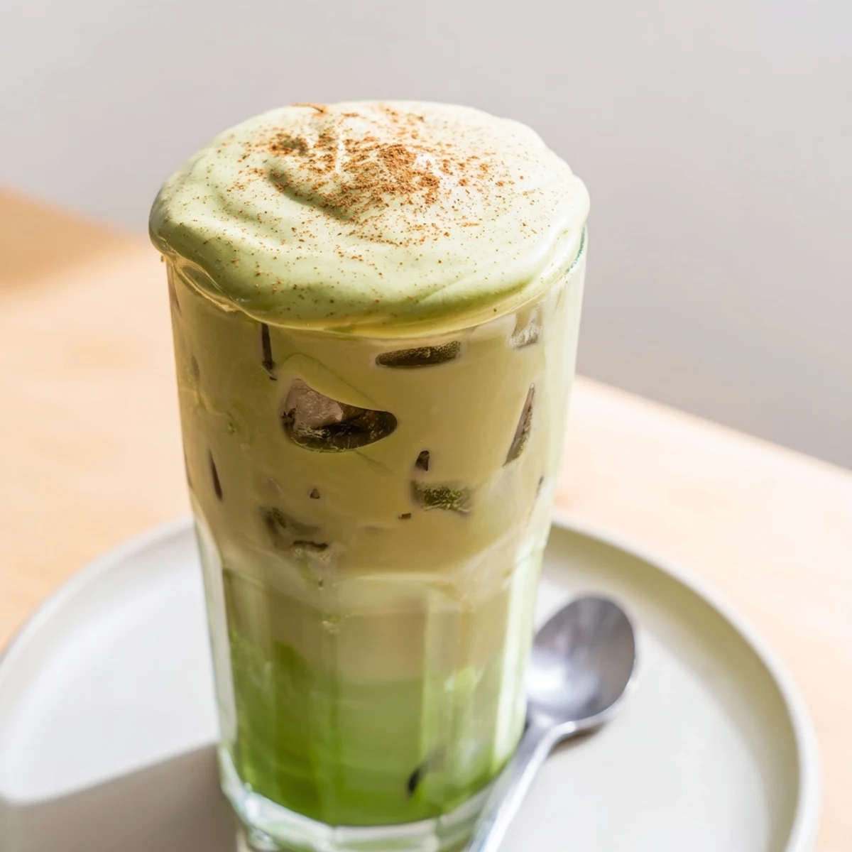 Iced Cinnamon Roll Matcha with Protein Foam, a refreshing green tea beverage with creamy foam.