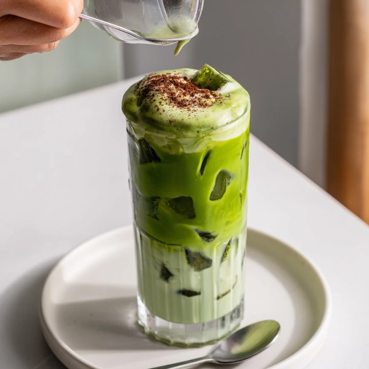 Enjoy a vibrant, healthy Cinnamon Roll Iced Matcha that's topped with a rich protein foam.