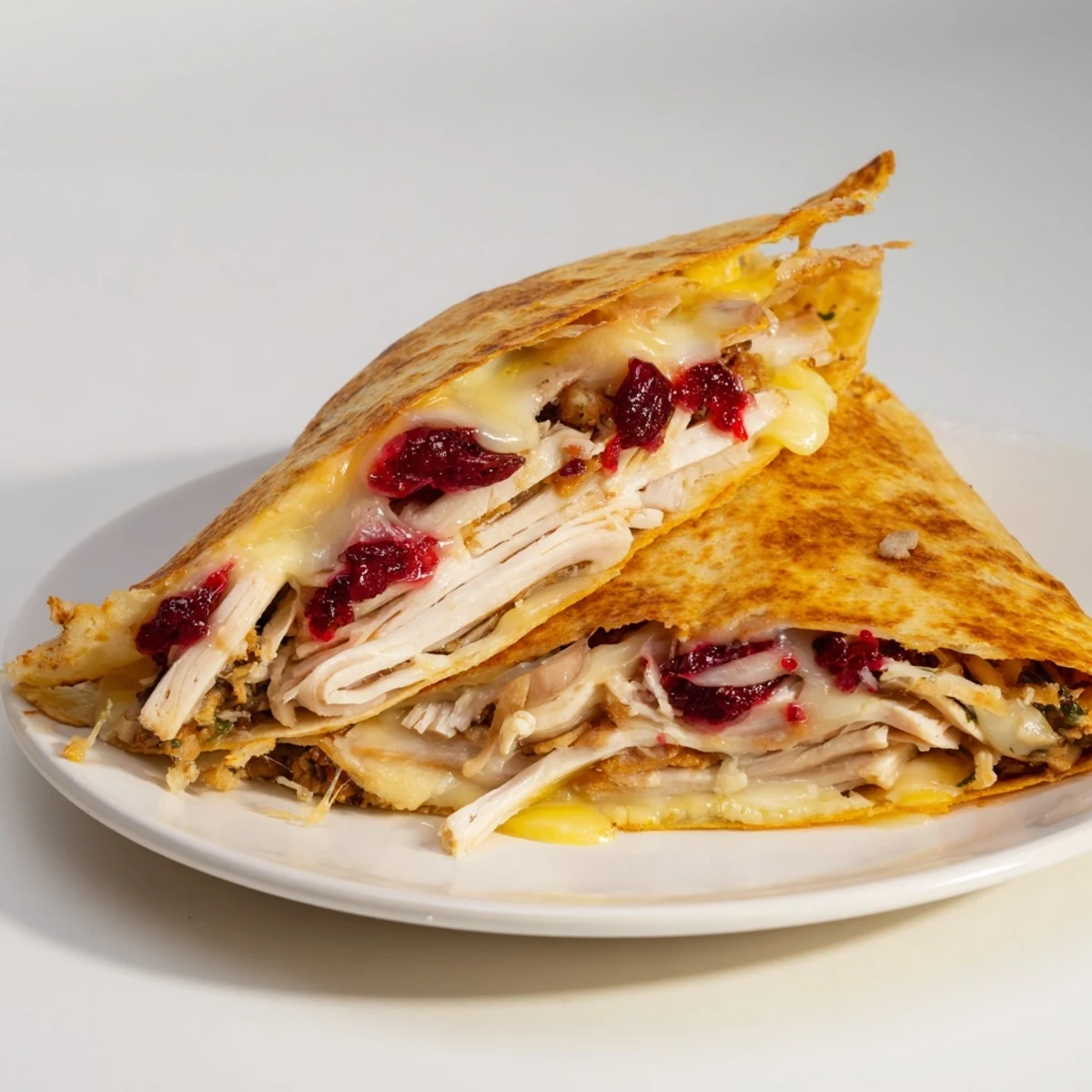 Crispy tortilla wrap loaded with turkey, stuffing & cranberry leftovers, ready to eat.