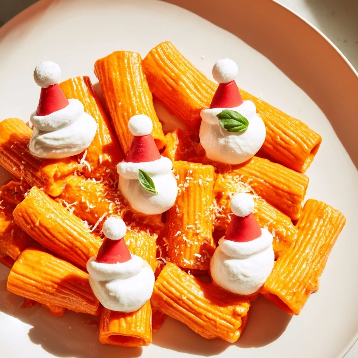 A bowl of Creamy Roasted Red Pepper Santa Hat Pasta, festive and ready to enjoy with family.