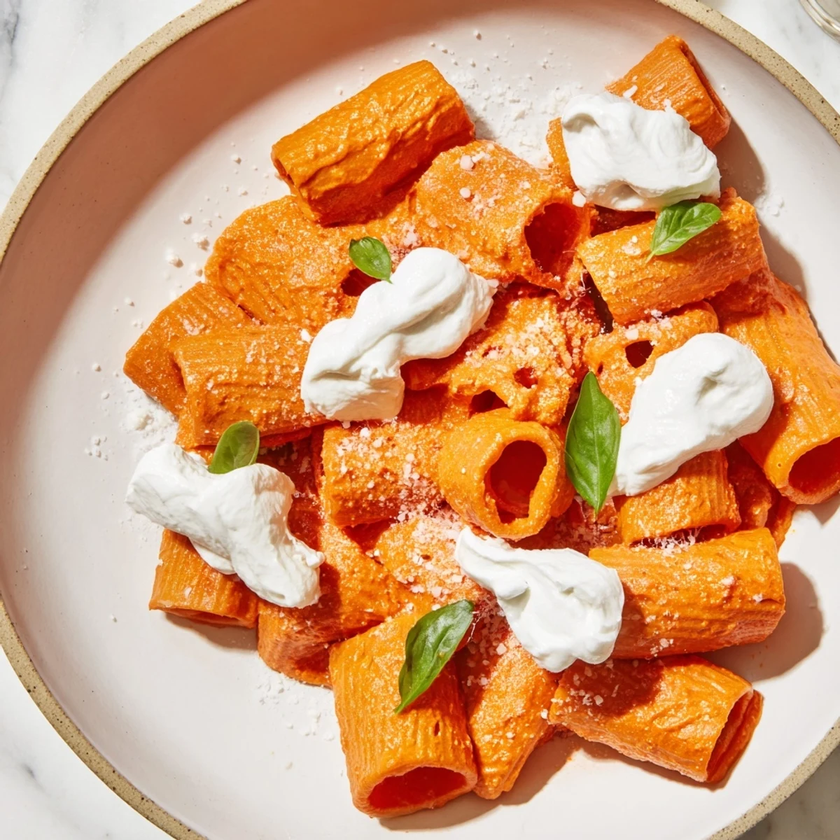Vibrant photo of Creamy Roasted Red Pepper Santa Hat Pasta topped with snowy ricotta for a holiday meal.