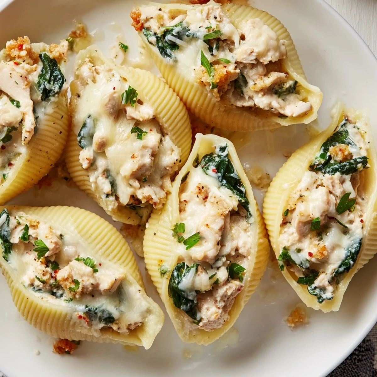 High-Protein Cottage Cheese Alfredo Christmas Shells, bubbly and golden, ready for a festive feast, garnished with parsley.