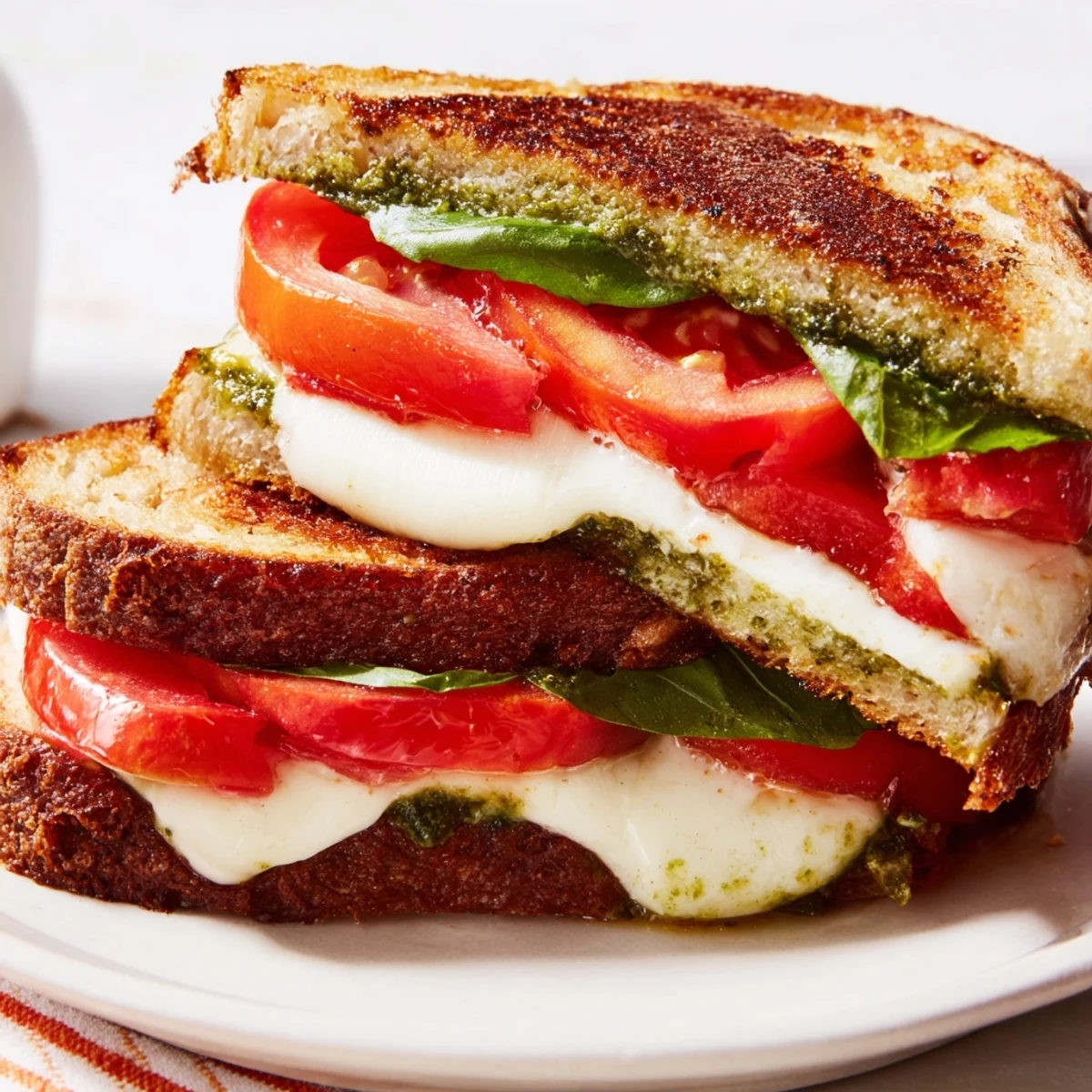 Golden, bubbly Caprese Pesto Panini-Style Grilled Cheese, oozing melted mozzarella and ripe tomatoes.