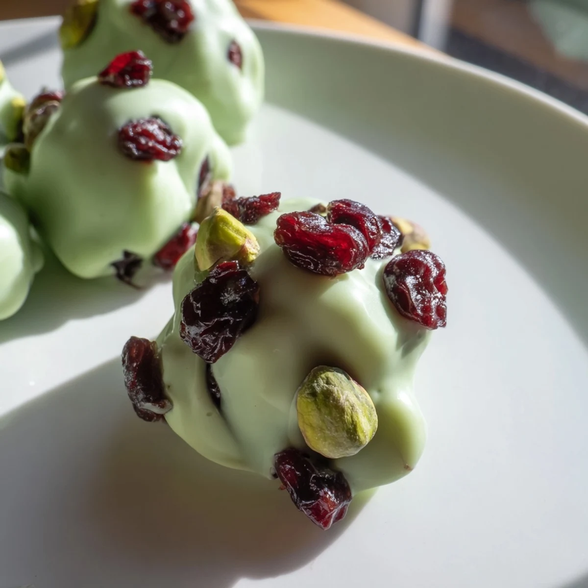 Delectable Matcha White Chocolate Cranberry Bark Clusters, a vibrant green from matcha and ruby cranberries!