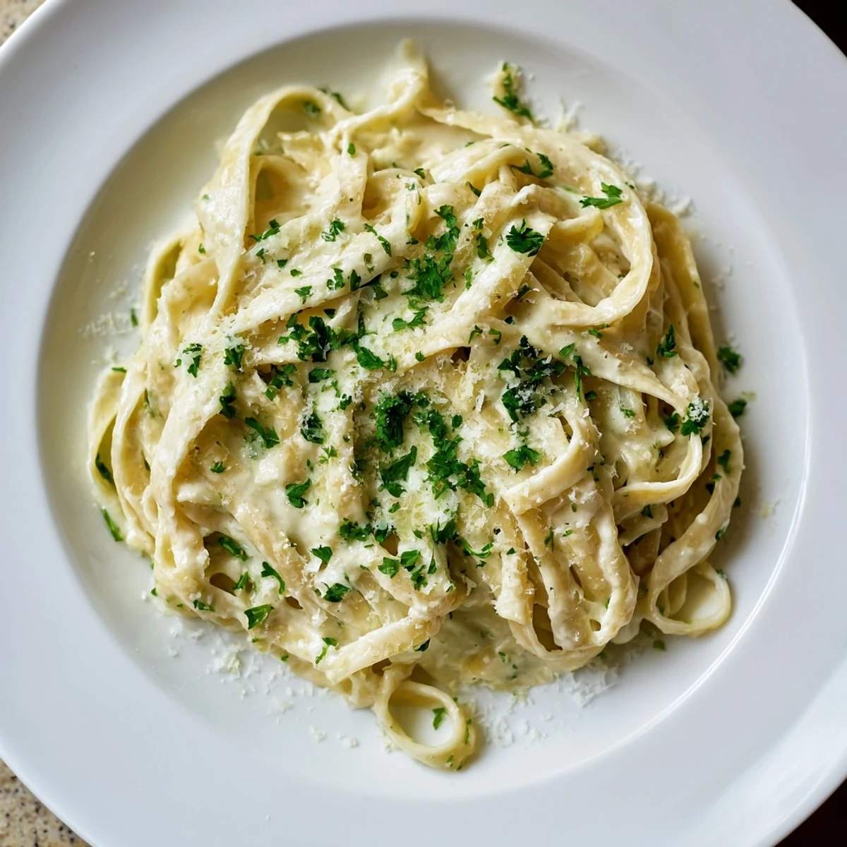 Creamy Skinny Alfredo Garlic Parmesan Snowy Pasta, plated and ready to be enjoyed with fresh parsley garnish.