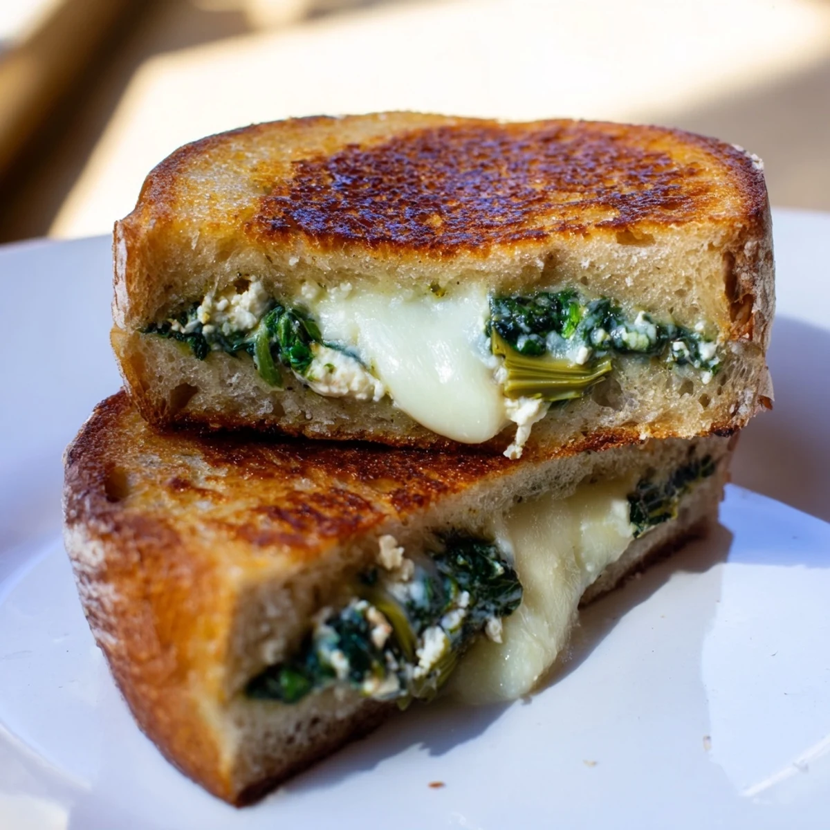 Golden, melted Sourdough Spinach Artichoke Dip Grilled Cheese, oozing with creamy, cheesy goodness, ready to eat.