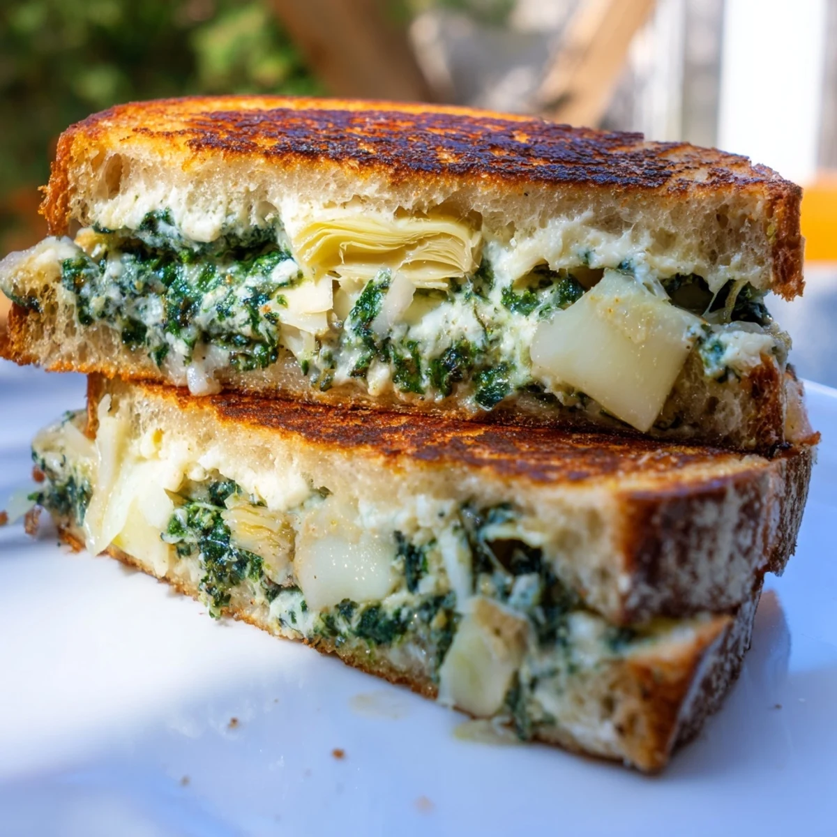 A close-up of a perfectly grilled Sourdough Spinach Artichoke Dip Grilled Cheese, with toasted bread and bubbly cheese.