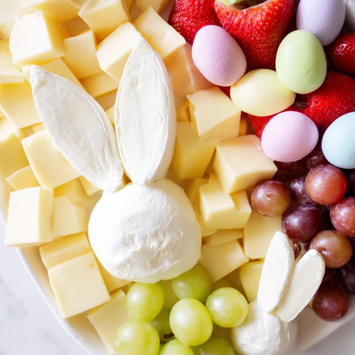 Bunny Ears Easter Board bursting with fresh fruit, cheese, and festive treats for a holiday appetizer.