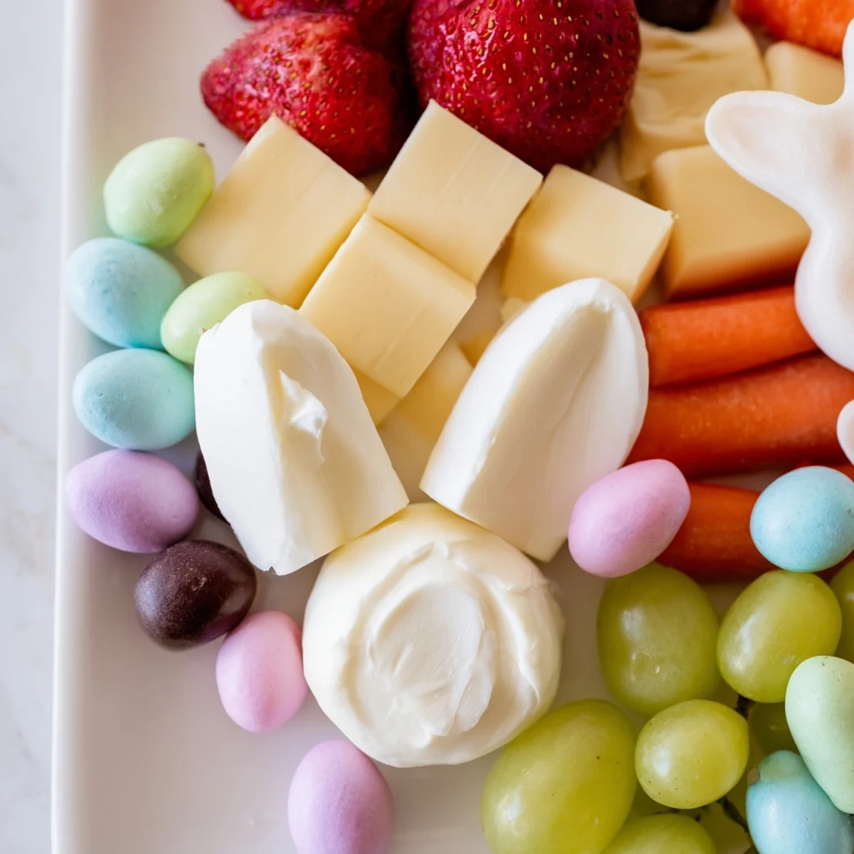 A vibrant Bunny Ears Easter Board features colorful crackers, cheeses, and adorable marshmallow bunnies on display.