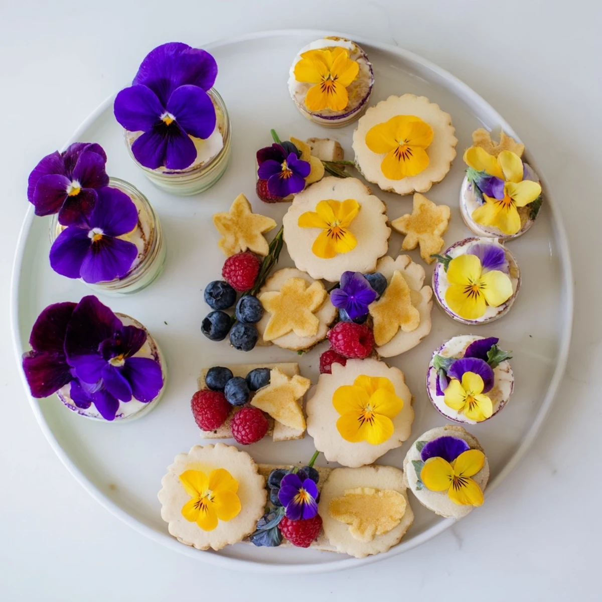 Vibrant Spring Flower Dessert Tray features shortbread, mini cakes, and parfaits, a beautiful spring treat.