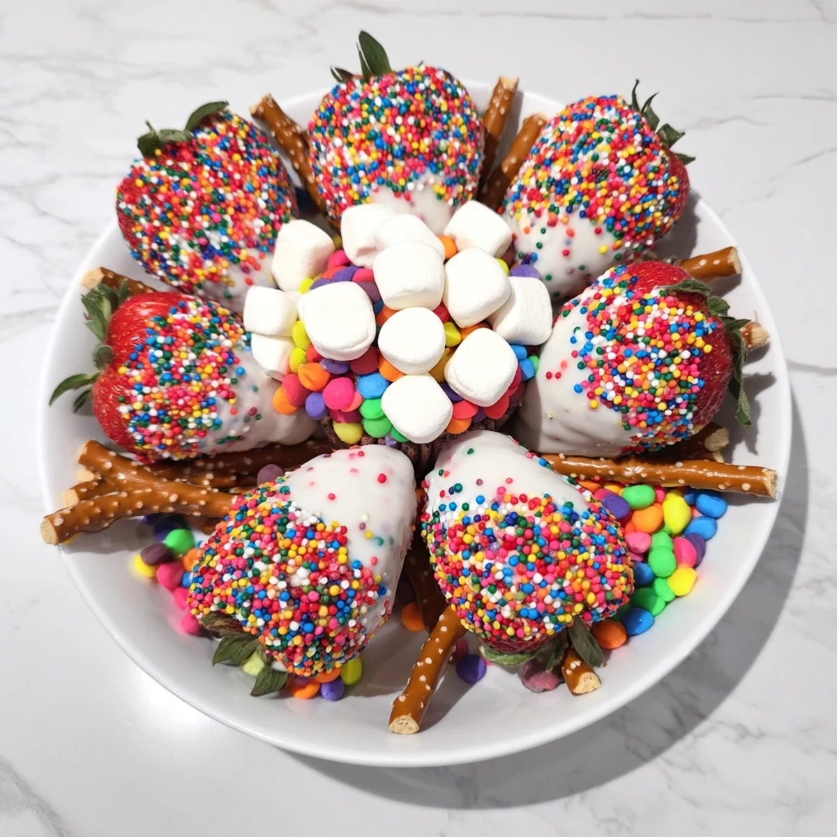 Vibrant Rainbow Sprinkle Party Board boasts colorful treats for dipping and a shared dessert experience.