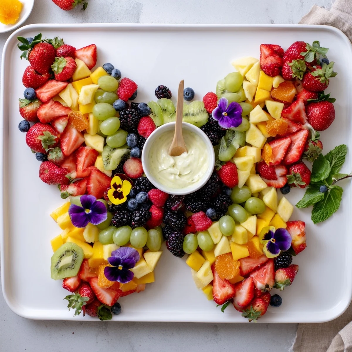 This beautiful Butterfly Garden Fruit Board showcases vibrant berries, citrus, and a creamy yogurt dip.