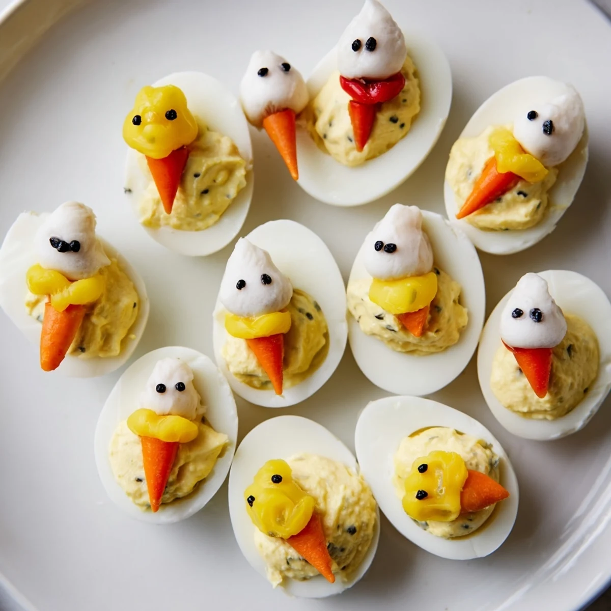 Fluffy Chick & Duckling Snacks: Colorful, egg-filled appetizers decorated as adorable spring treats.
