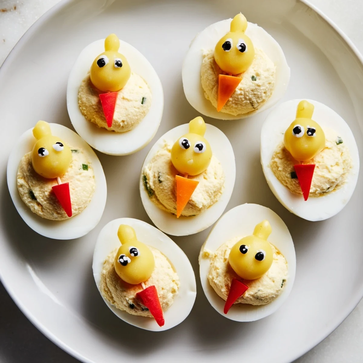 Enjoy these cute Chick & Duckling Snacks: savory egg bites with carrot beaks and peppercorn eyes.