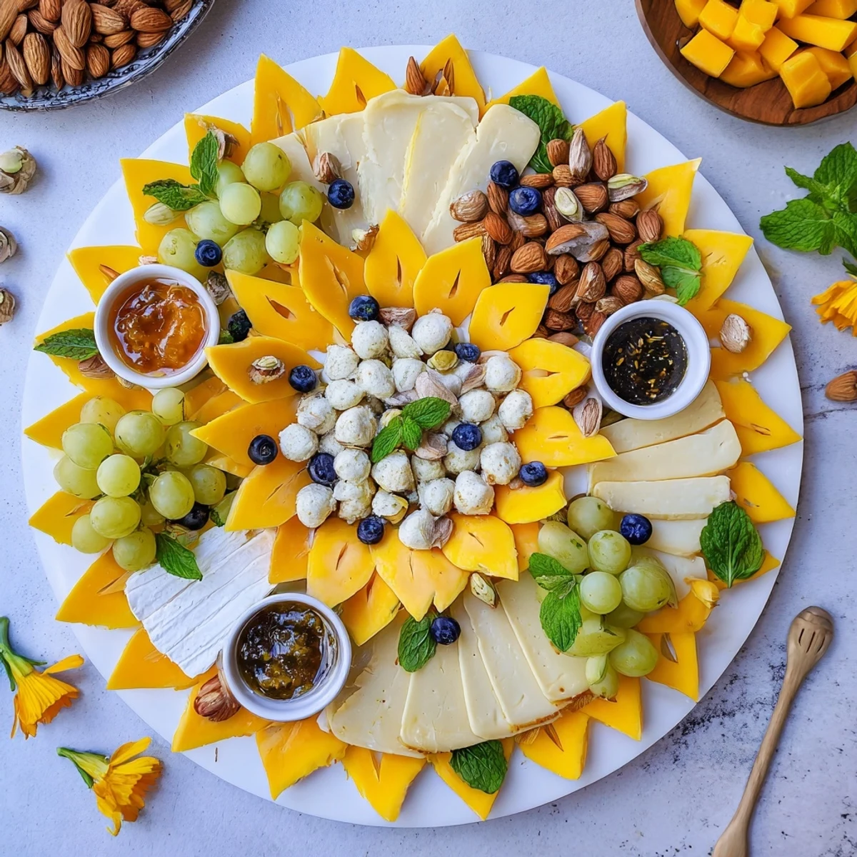 Vibrant Daffodil Cheese Board presentation with colorful fruits, nuts, and cheeses for springtime snacking.