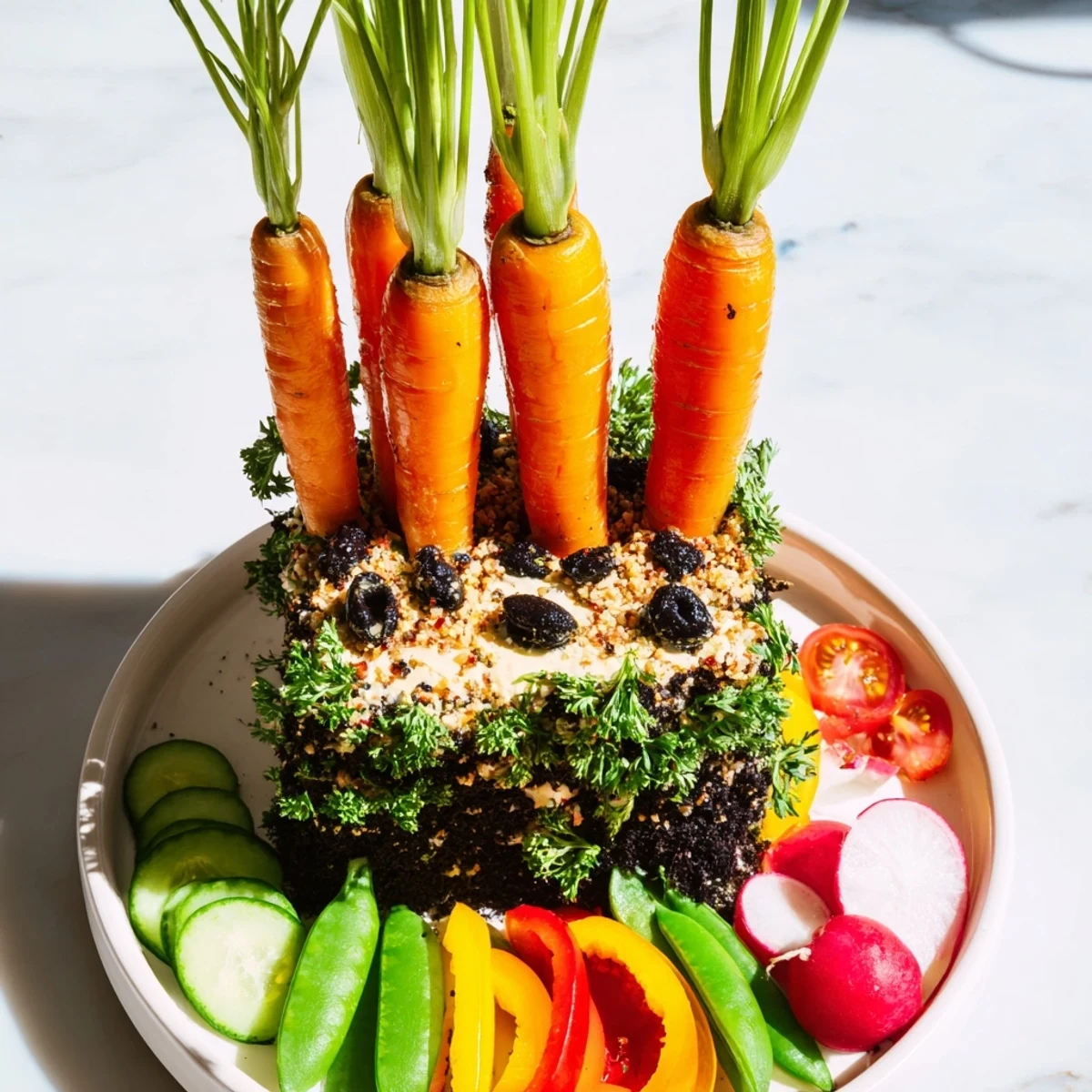 A vibrant Carrot Patch Veggie Board features colorful carrots and a "soil" dip for fun snacking.
