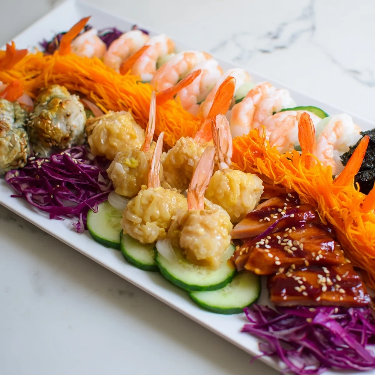 Vibrant Mighty Dragon Lunar New Year Board filled with shrimp, pork, and colorful vegetables for a feast.