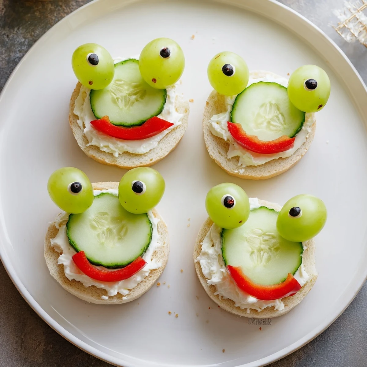 Playful Prince Charming Froggy Sandwich cutouts with vibrant green grapes and bright red tomato cheeks.