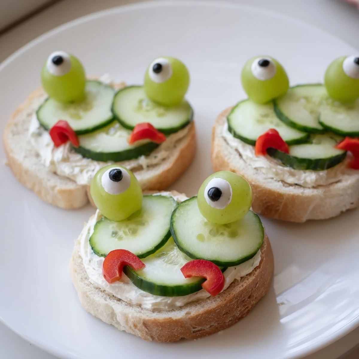 Festive Prince Charming Froggy Sandwiches with creative smiles and cucumber filling, ready for lunch.