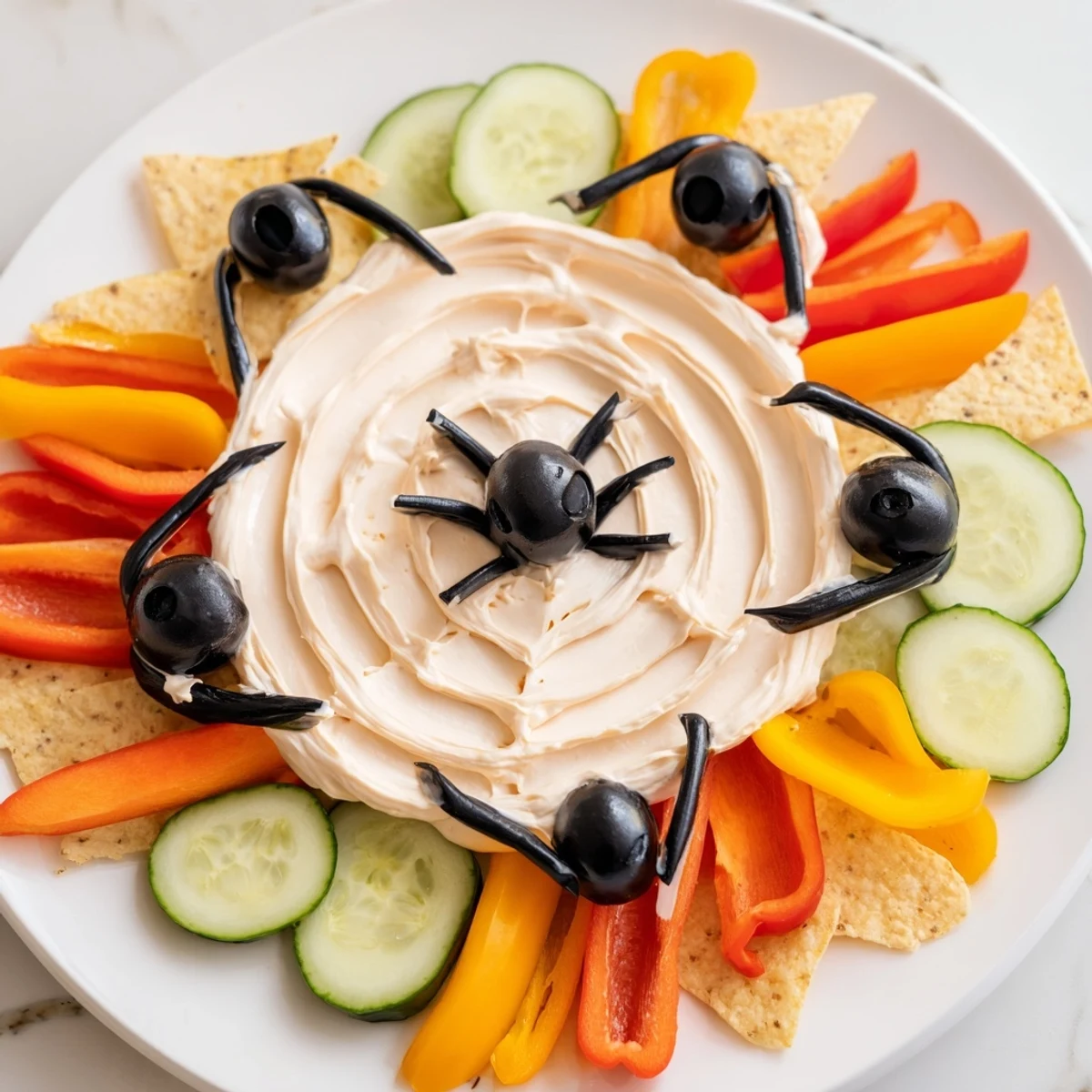 This Creepy Crawly Spiderweb Platter showcases a festive, detailed Halloween dip, perfect for parties and spooky gatherings.