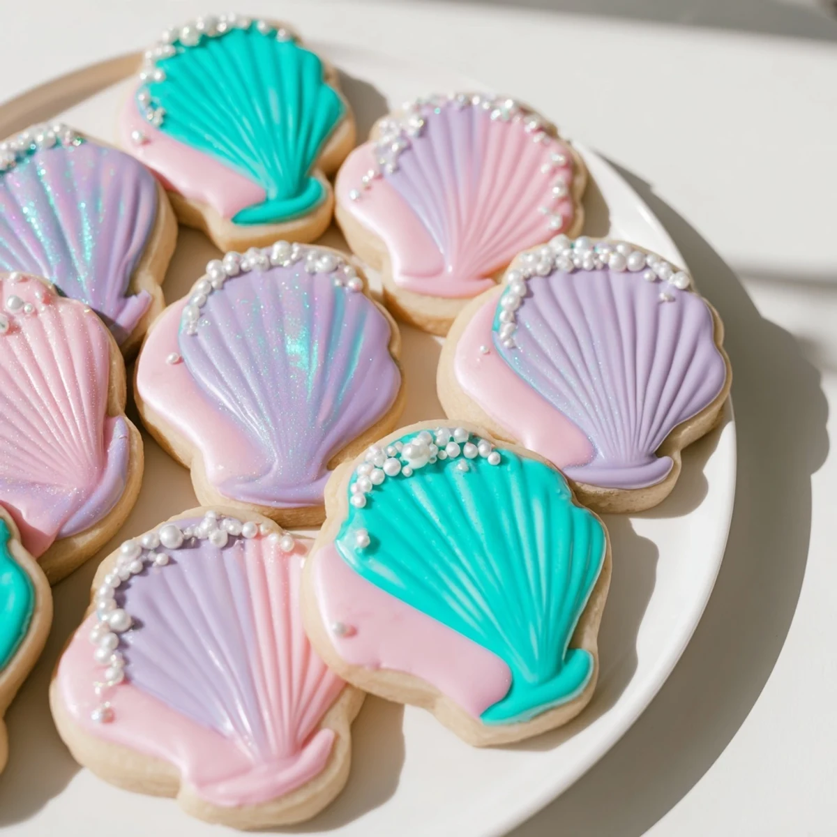 Pretty Seashell Sweets garnished with edible pearl sprinkles, ready for your mermaid-themed dessert table.