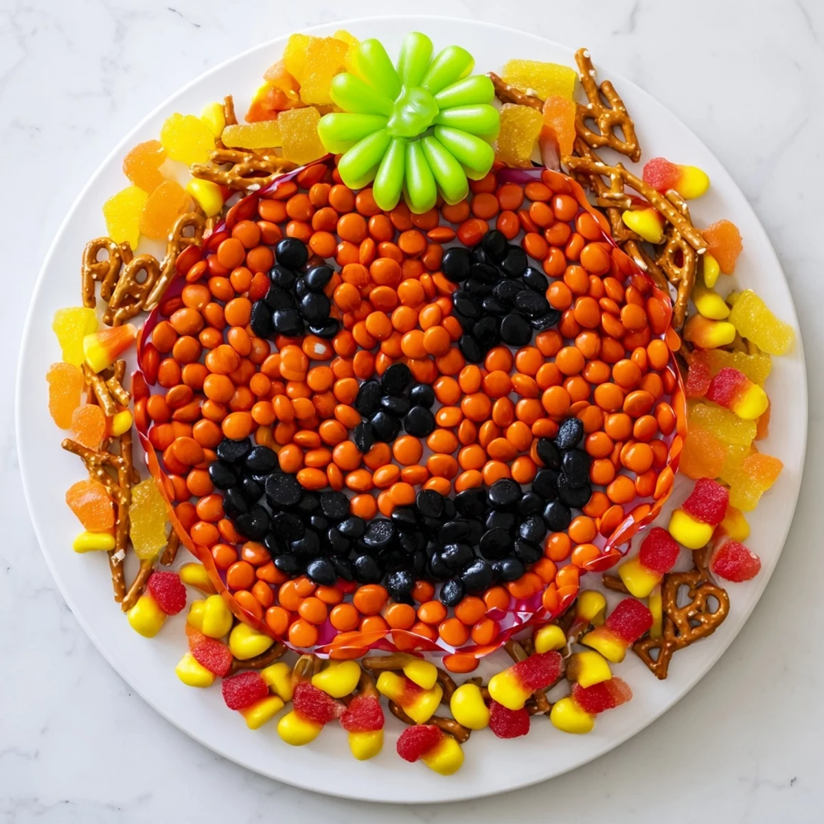 A vibrant Jack-o-Lantern Candy Board showcases colorful candies—a fun Halloween party snack ready to eat.