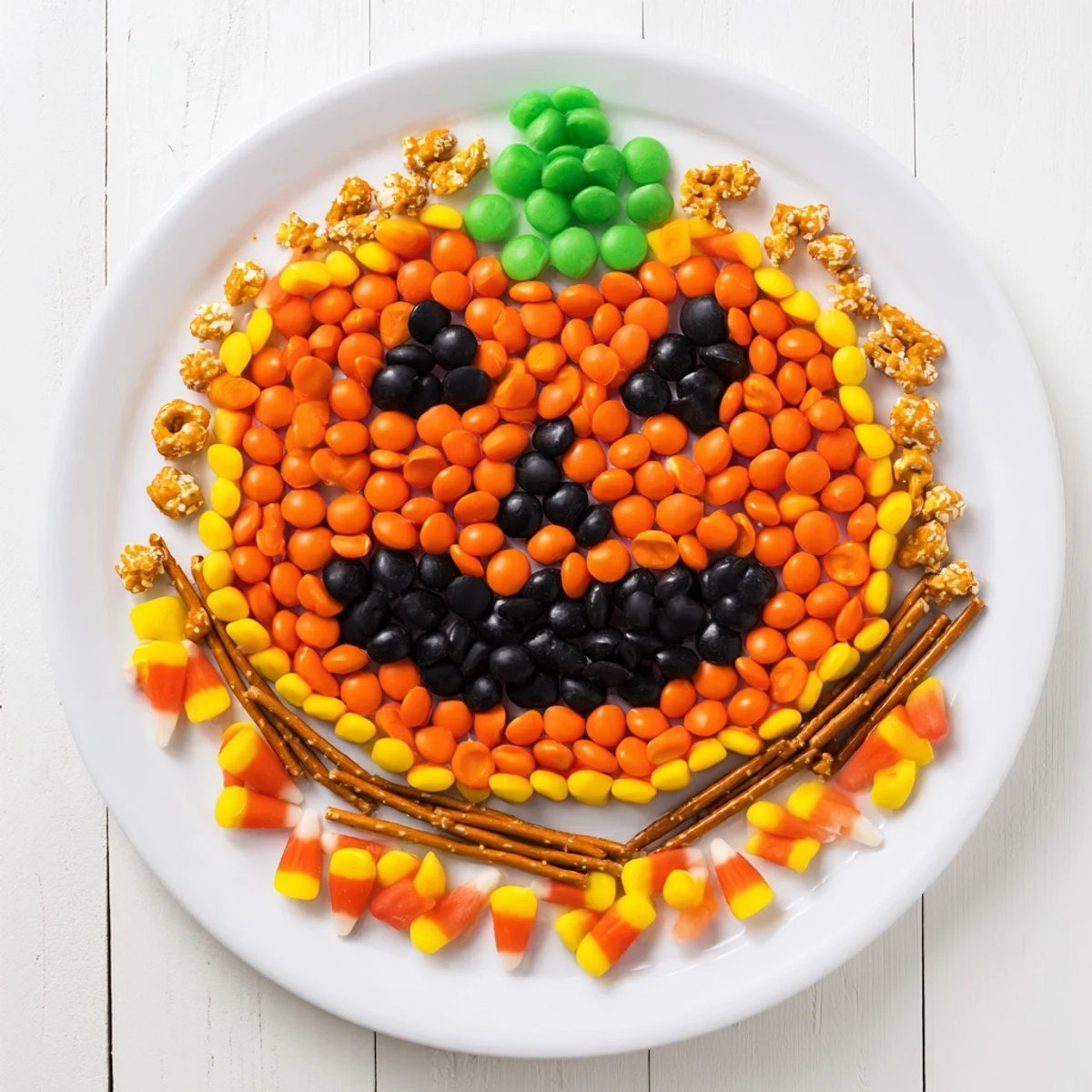 This sweet Jack-o-Lantern Candy Board displays an array of Halloween treats, perfect for kids.