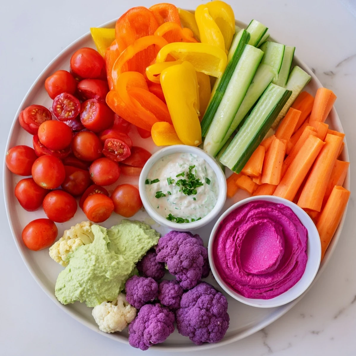 Rainbow Vegetable Dips: a colorful arrangement of fresh veggies ready for dipping and enjoying.