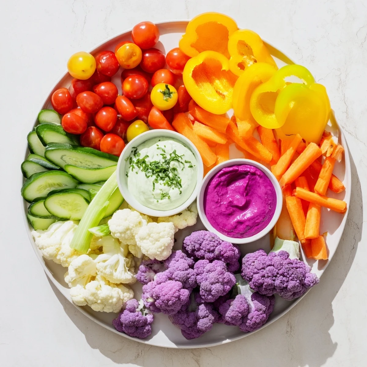 Healthy appetizer: Rainbow Vegetable Dips with bright, raw vegetables and three flavorful homemade dips.