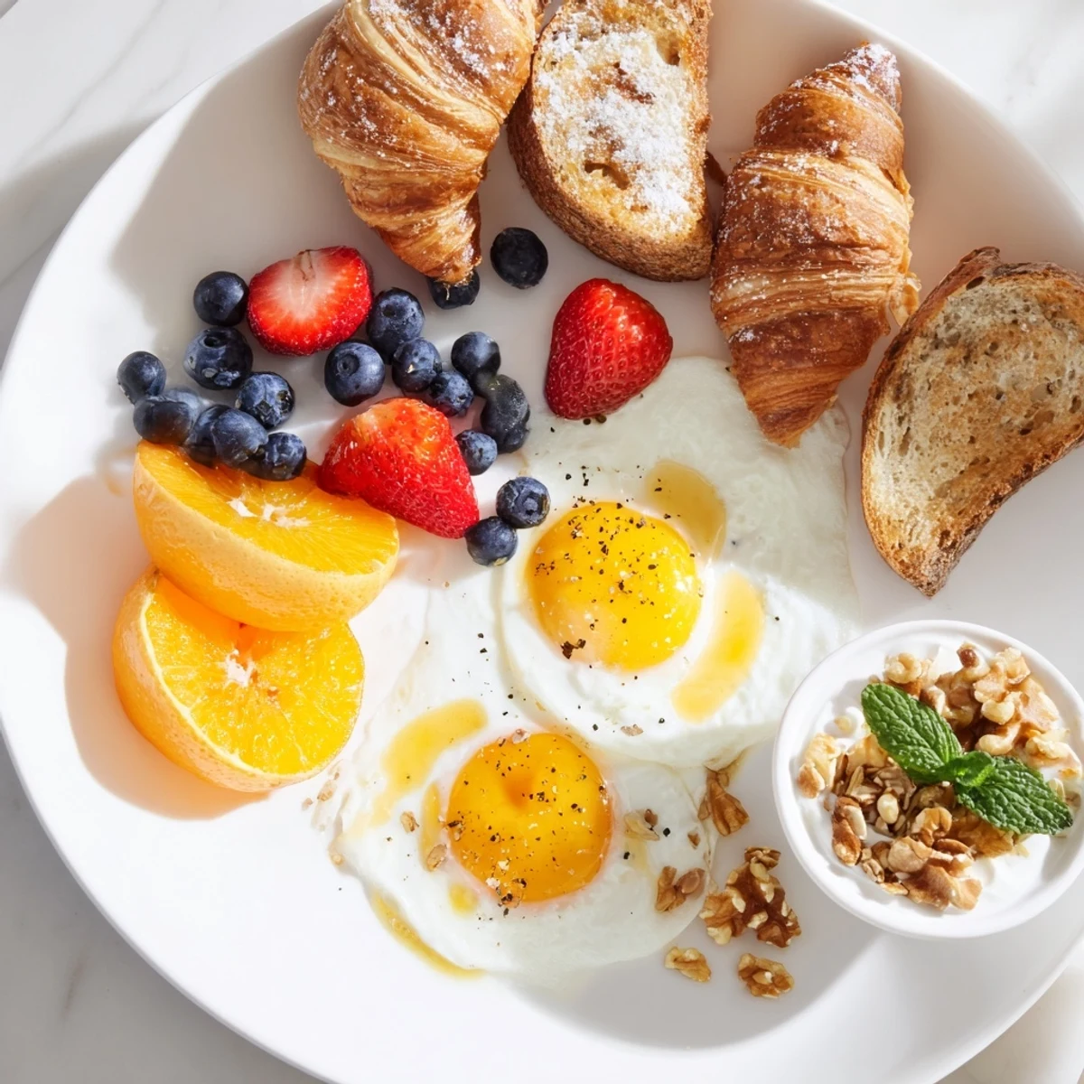 Soleil Matinal Breakfast Platter with vibrant fruits, golden eggs, and honey-drizzled yogurt, ready to eat.