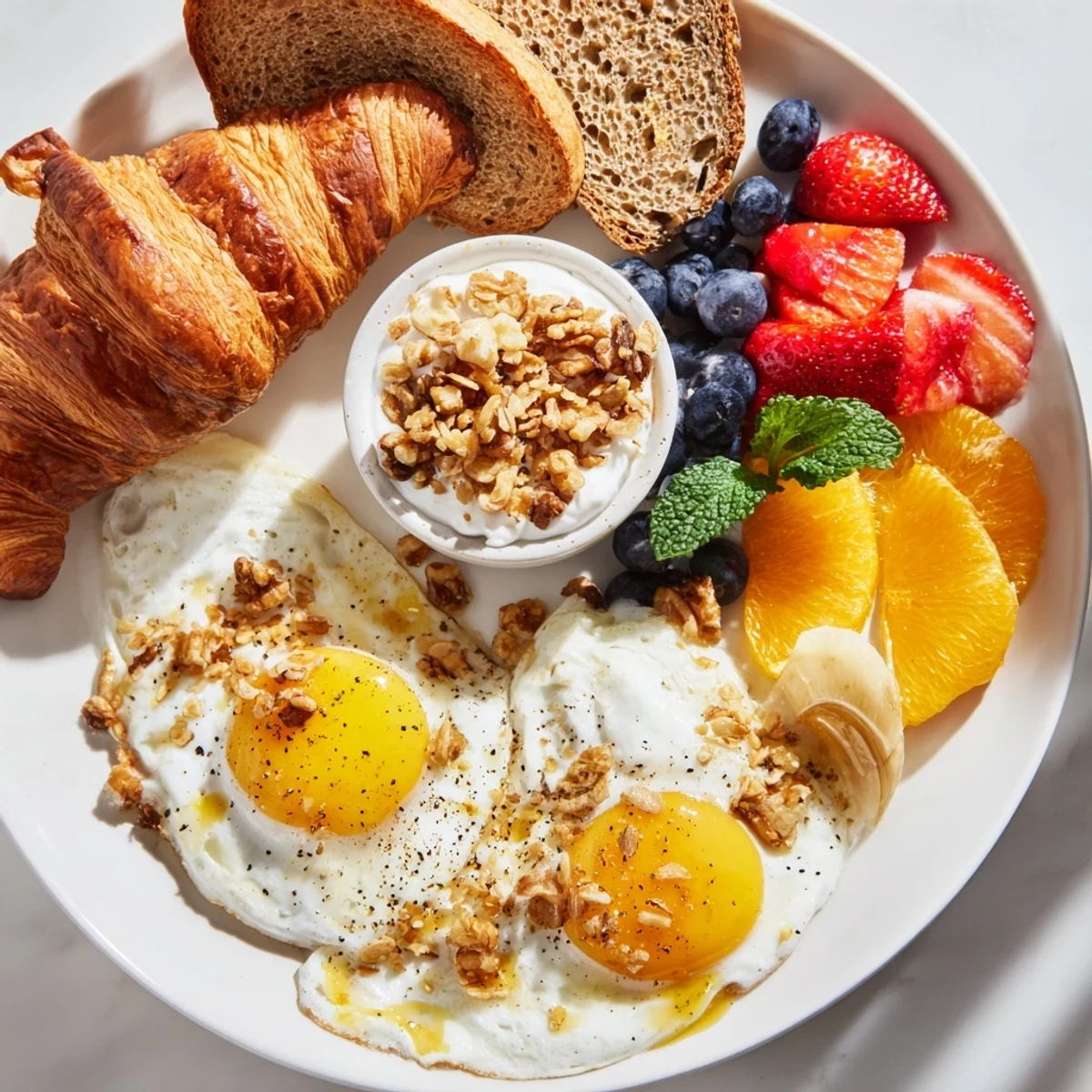 A visually appealing Soleil Matinal Breakfast Platter showcasing fresh berries, toast, and creamy yogurt; a tasty treat.