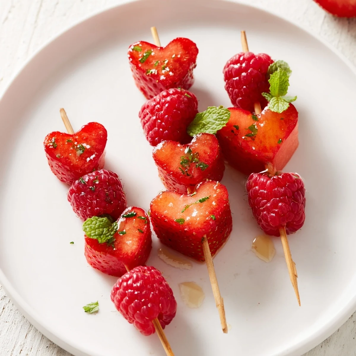 Vibrant red heart fruit skewers arranged beautifully, perfect for a romantic, healthy dessert.