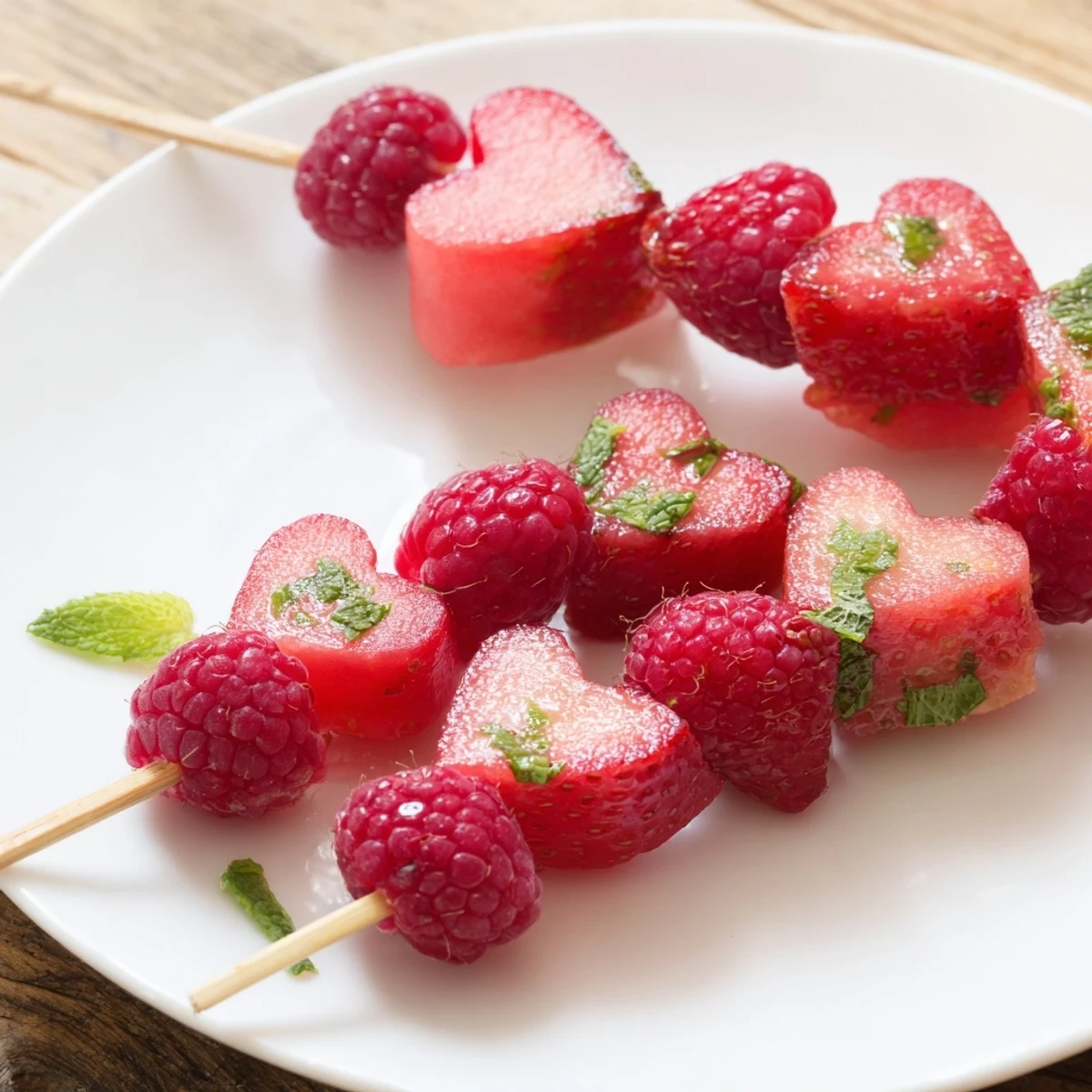 Sweet red heart fruit skewers made with fresh strawberries, watermelon, and raspberries, a refreshing treat.