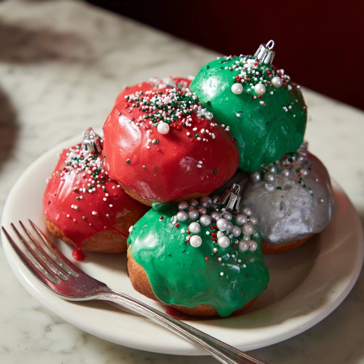 Freshly fried Christmas Ornament Beignets, soft inside and beautifully shaped for holiday treats, ready to eat.