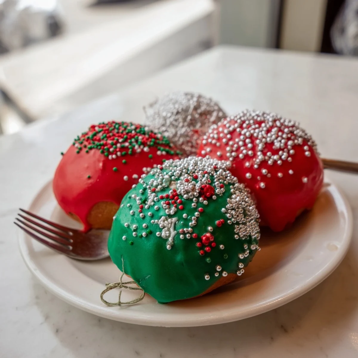 Golden, crispy Christmas Ornament Beignets, iced in festive colors and covered in holiday sprinkles.